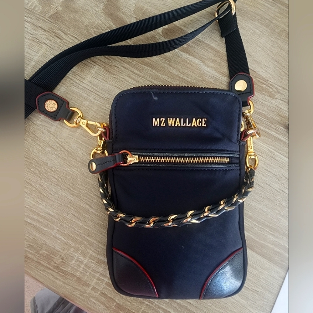 MZ Wallace Black Crossbody with Gold Hardware and Red Trim